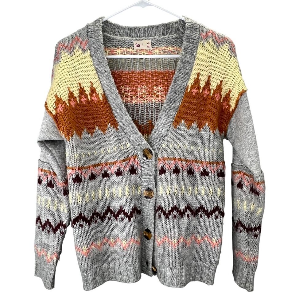 Aztec Southwestern Cardigan Sweater XS Gray Brown Buttons Super Soft So
